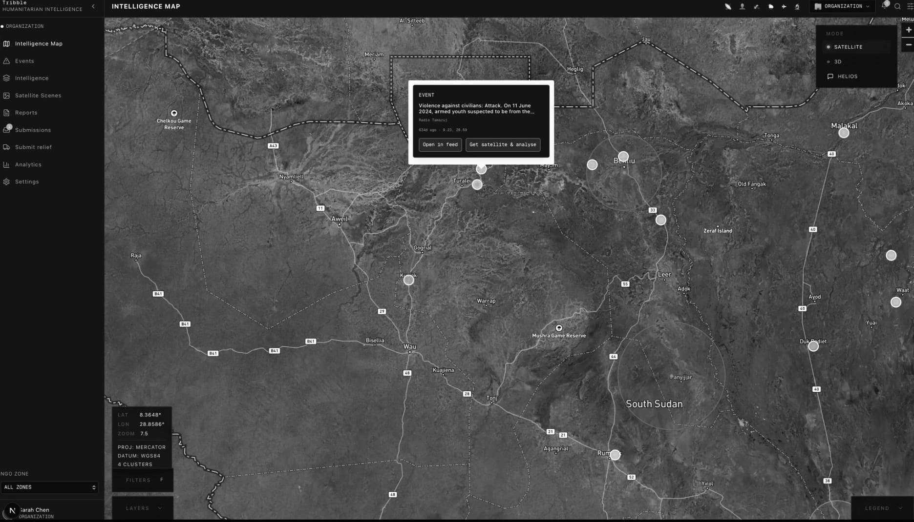 Tribble's intelligence map showing reported events across South Sudan